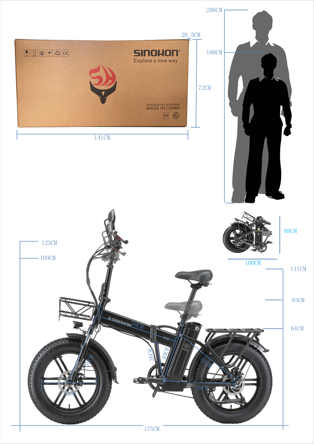 SINOHON A20 Folding Electric Bike 1000W Peak Motor, 48V 22Ah Removable Battery, 28MPH, 20"x4.0 Fat Tires, 7-Speed Ebike,IP65,Alloy Aluminum